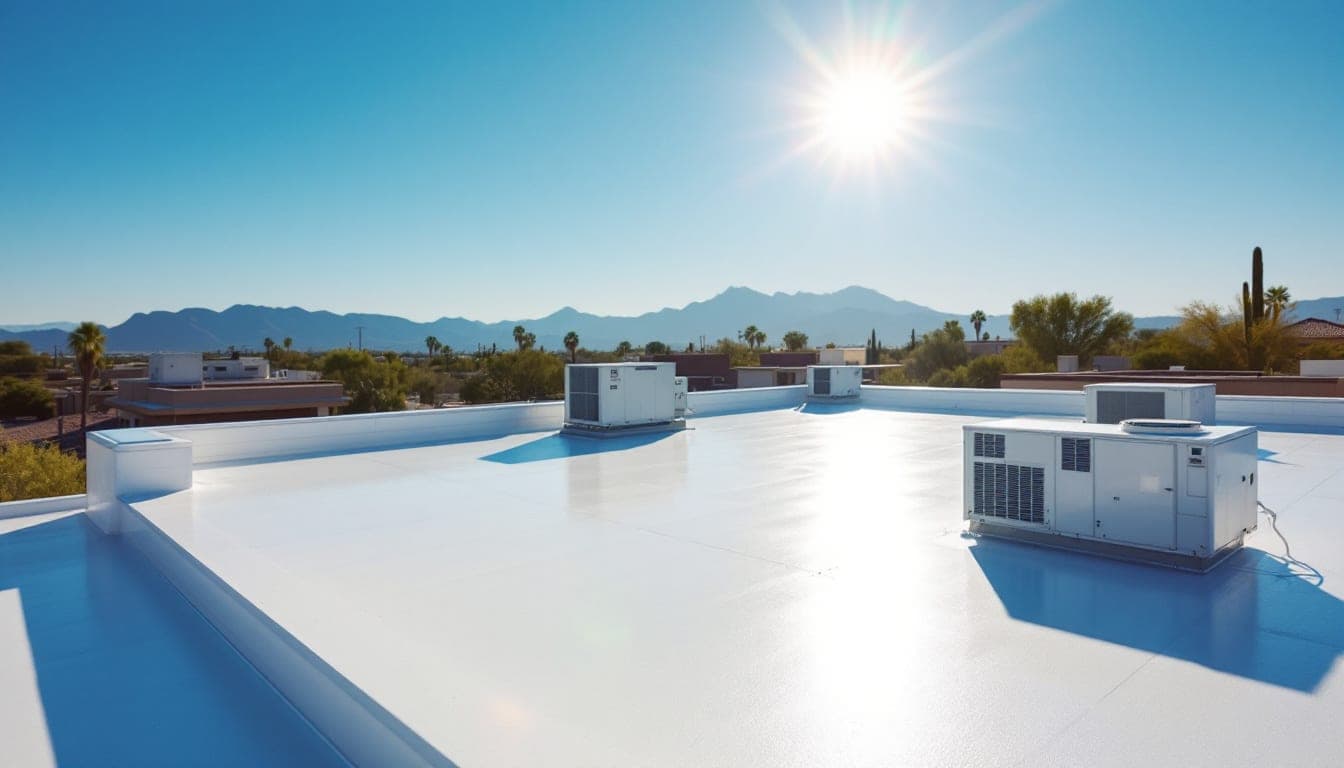 Phoenix roofer installing TPO single-ply membrane on a flat residential roof with the mountains in background