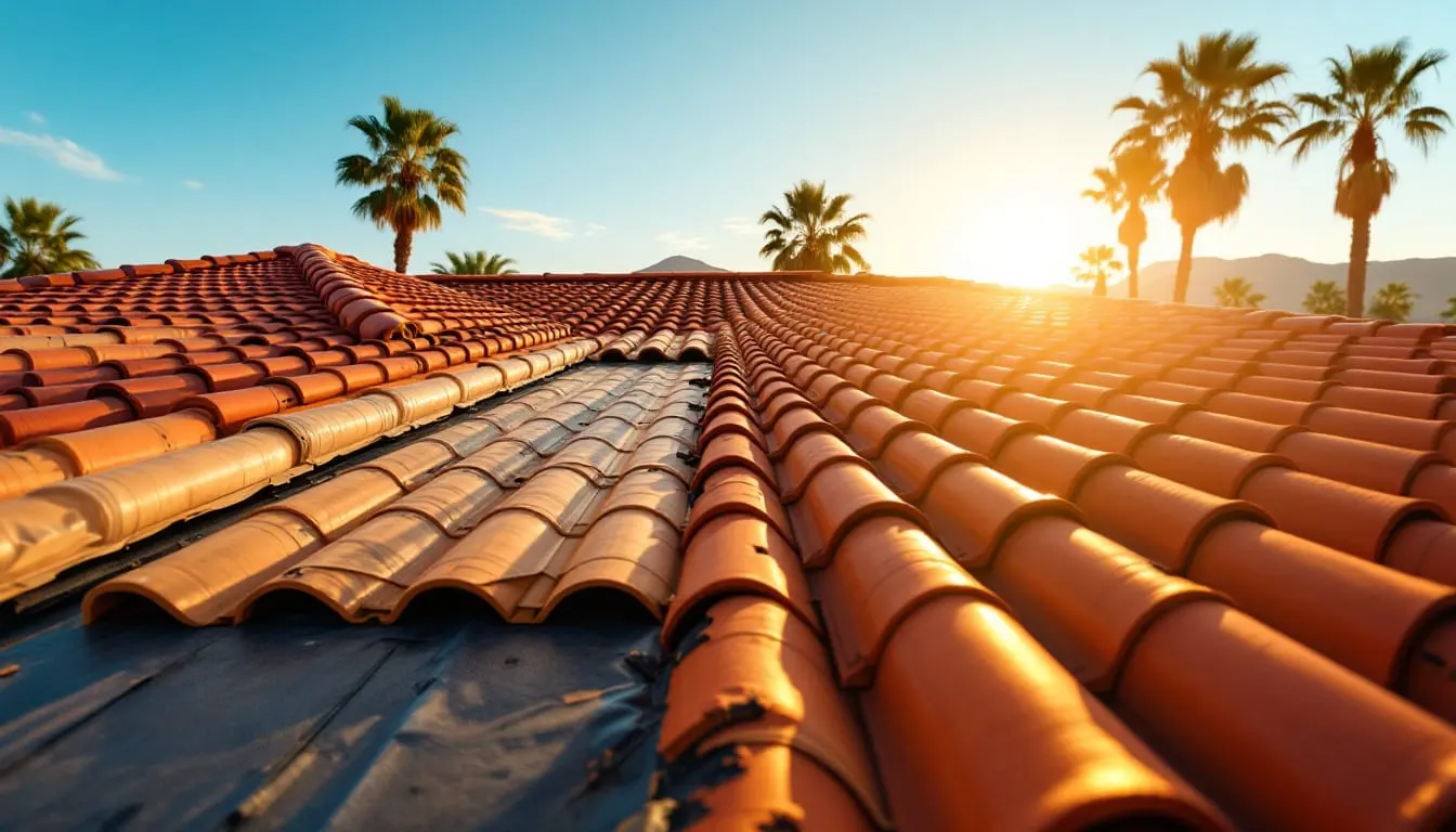 Spanish clay tile being installed on a Phoenix residential roof with the underlayment visible underneath