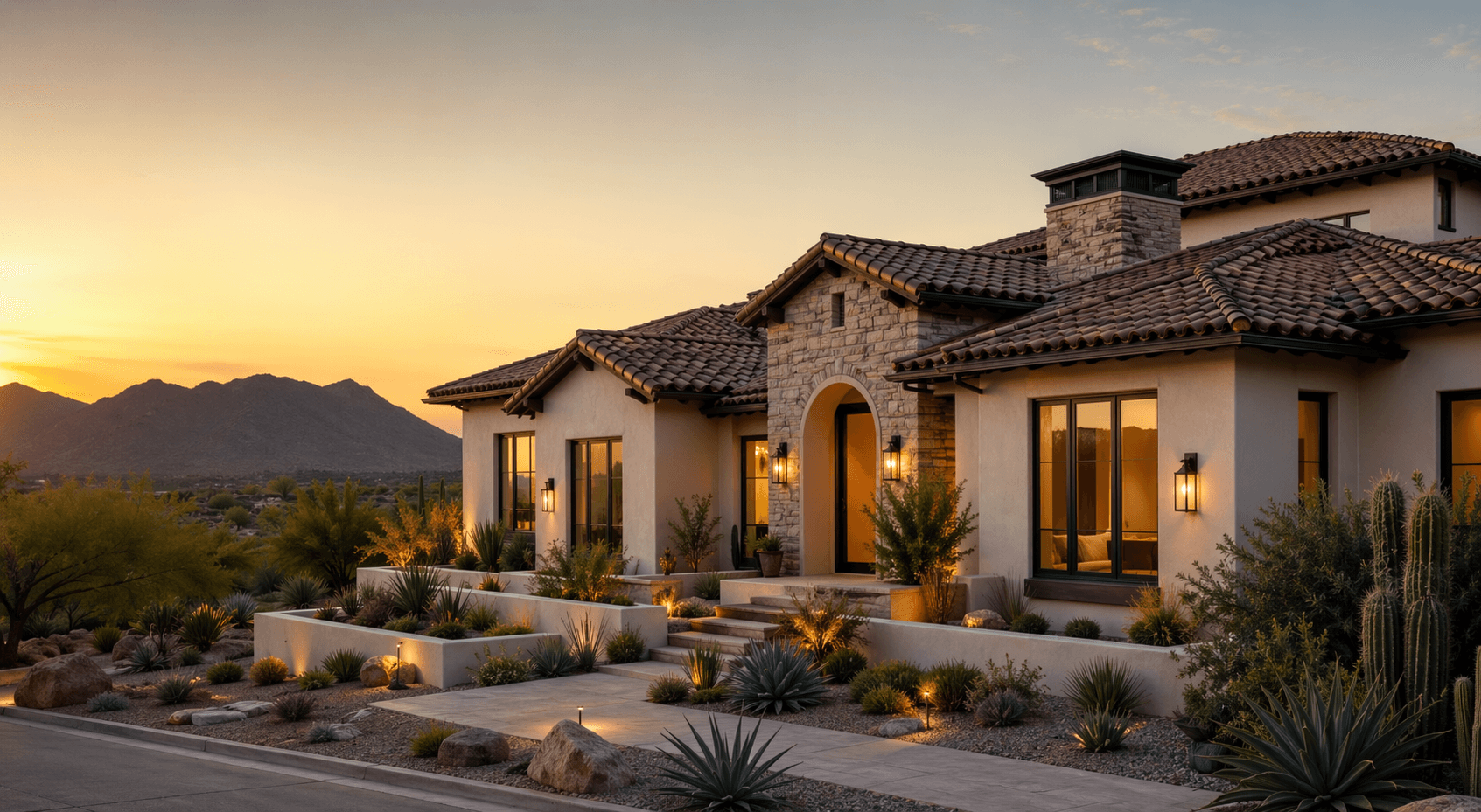 Phoenix-area home exterior at sunset with tile roofing.
